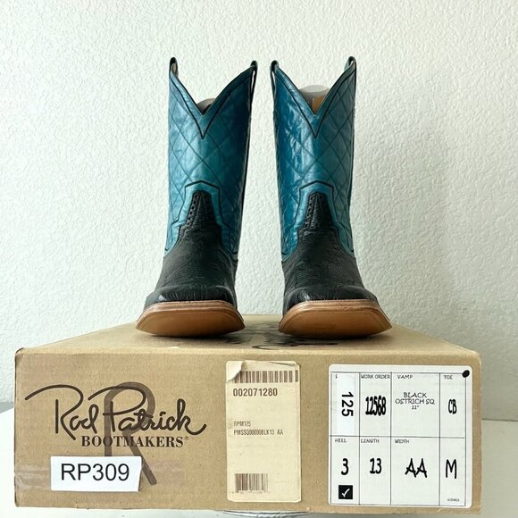 Rod Patrick Mens Cowboy Boots 13 AA Black Ostrich Blue Top Western Square Toe - Picture 11 of 12